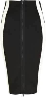 Cream zip front contrast panel pencil skirt