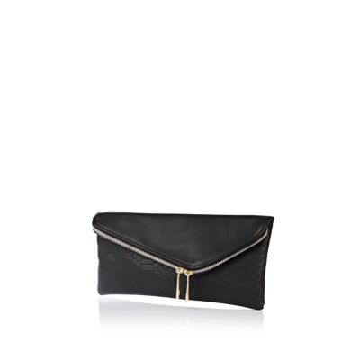 Black snake asymmetric fold over clutch bag