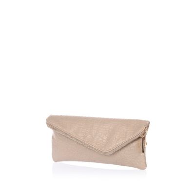 Beige snake asymmetric fold over clutch bag