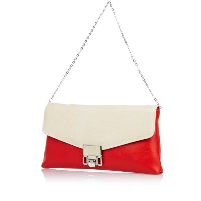 Red colour block soft clutch bag