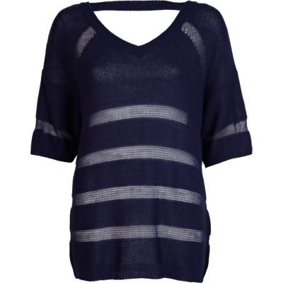 Blue contrast knit v neck jumper