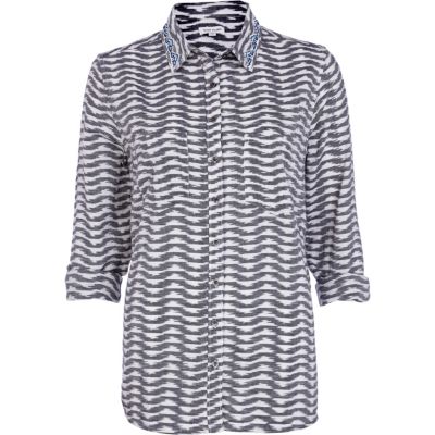 White ikat print embellished boyfriend shirt