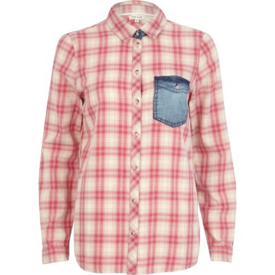 Pink check contrast denim pocket shirt 