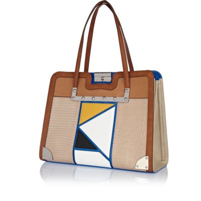 Tan patchwork front tote bag