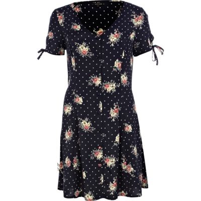 Navy polka dot floral tea dress