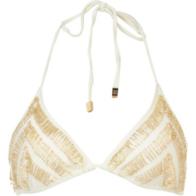 Cream Pacha triangle embellished bikini top