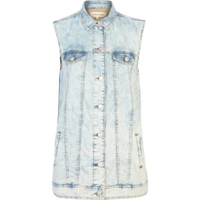 Longline sleeveless bleached denim shirt