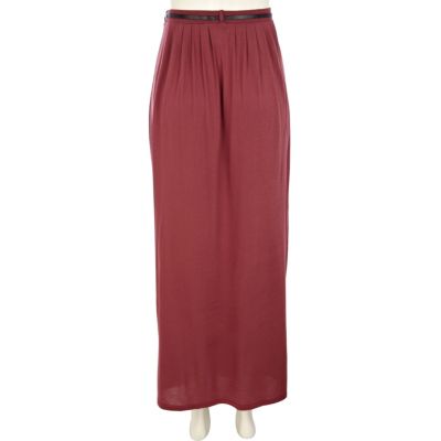 Red belted jersey maxi skirt