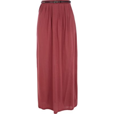 Red belted jersey maxi skirt