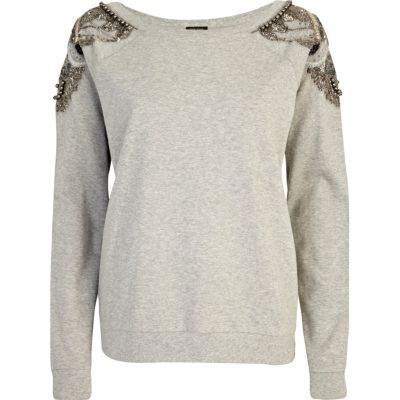 Grey embellished shoulder sweatshirt