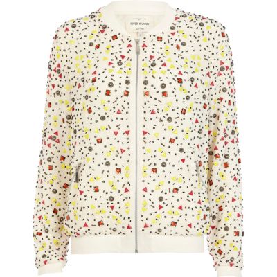 Cream multicoloured beaded bomber jacket