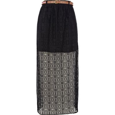 Black lace side split maxi skirt 