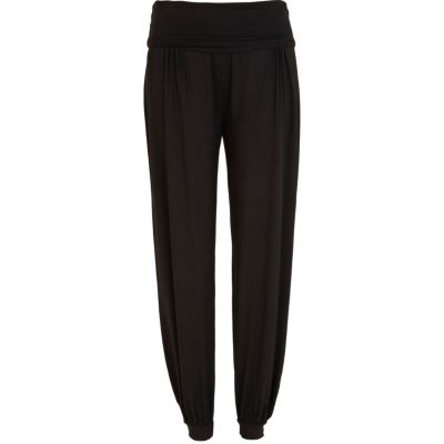 Black ruched waist drop crotch harem trousers
