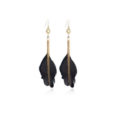 Black chain knot feather drop earrings