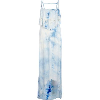 Blue tie dye frill tiered maxi dress