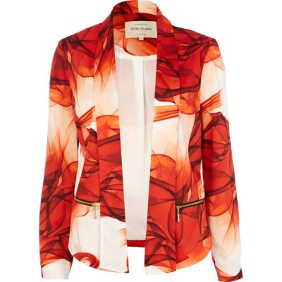 Orange printed zip pocket unfastened blazer