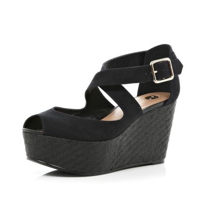 Black peep toe strappy wedges