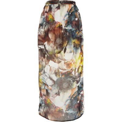 Green watercolour floral print maxi skirt