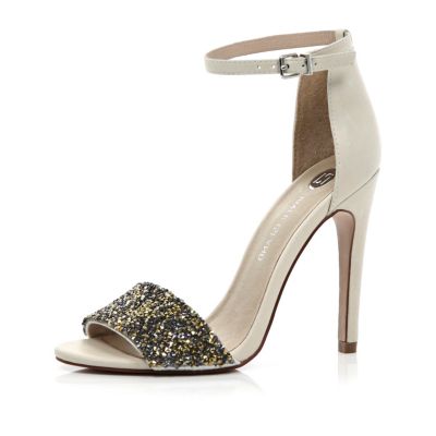 White embellished strap stiletto sandals