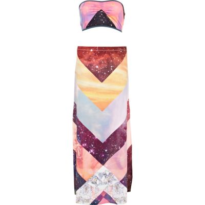 Pink space print bandeau top and maxi skirt