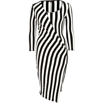 Black and white stripe midi draped dress