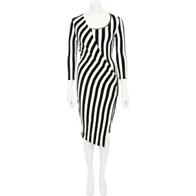 Black and white stripe midi draped dress