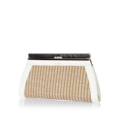 Beige woven frame clutch bag