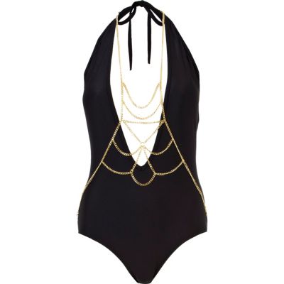 Black body jewellery halter neck swimsuit