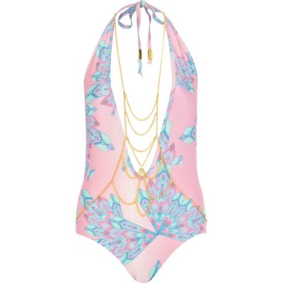 Pink Pacha body chain halter neck swimsuit