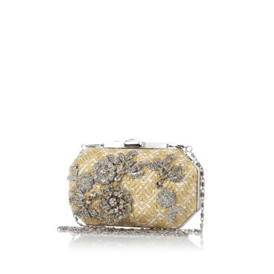 Cream woven embellished box bag