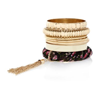 Gold tone floral bangle pack