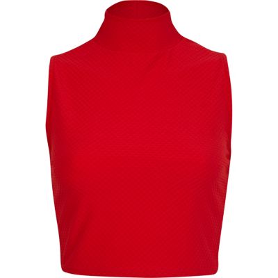 Red textured turtle neck crop top