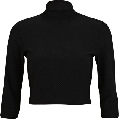 Black textured turtle neck crop top