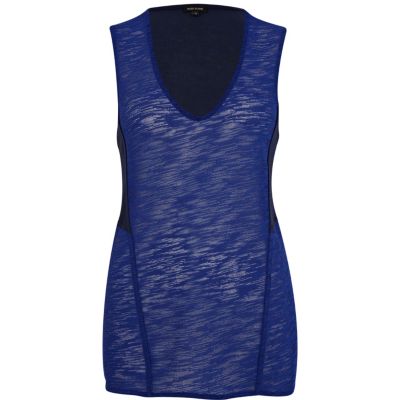 Blue textured contrast panel low scoop vest  