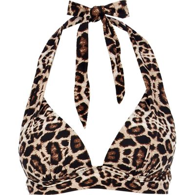 Brown leopard print push-up bikini top
