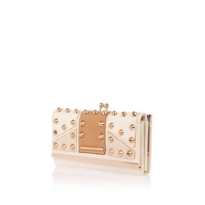 Cream contrast panel studded clip top purse