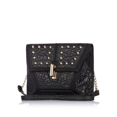 Black contrast panel studded clutch bag