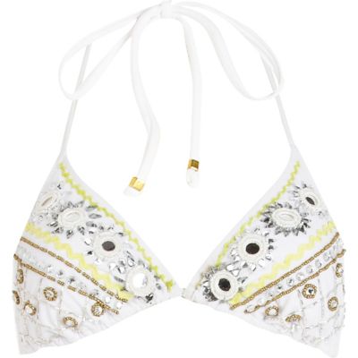 White mirror embellished triangle bikini top