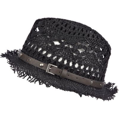 Black woven straw skull trim trilby hat