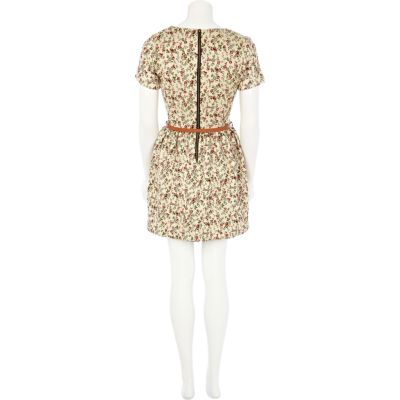 Cream floral print belted skater dress