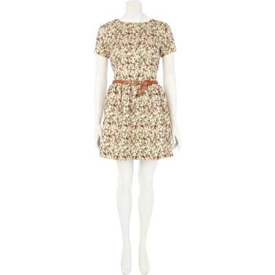 Cream floral print belted skater dress