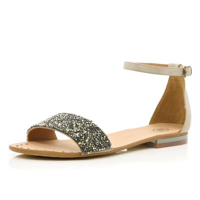 Beige embellished ankle strap sandals