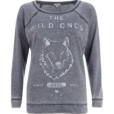 Navy washed wolf print sweatshirt