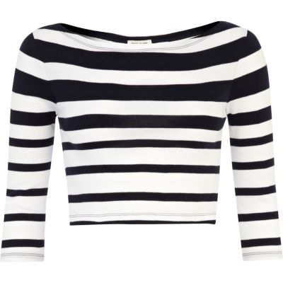 Navy and white gradated stripe crop top