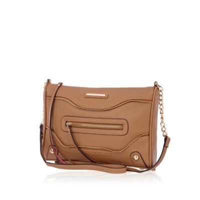 Beige stud base zip panel messenger bag
