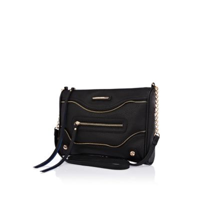 Black stud base zip panel messenger bag