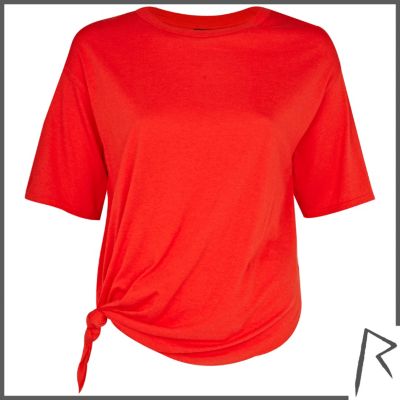 Red Rihanna knot front cropped t-shirt