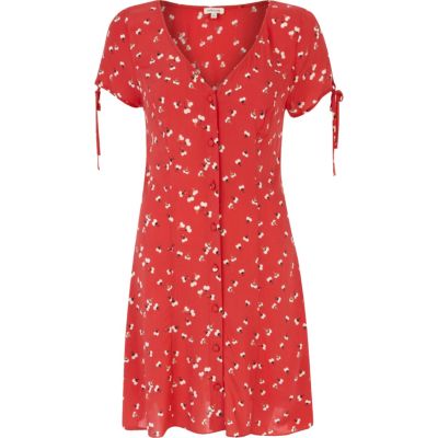 Red ditsy print button through dress