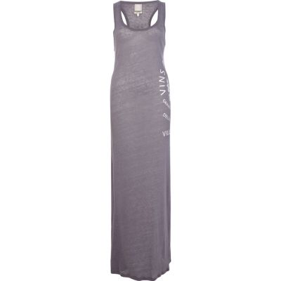 Blue linen side print maxi dress 