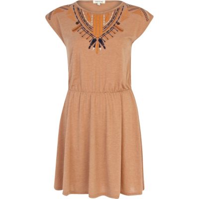 Beige marl tribal embroidered dress